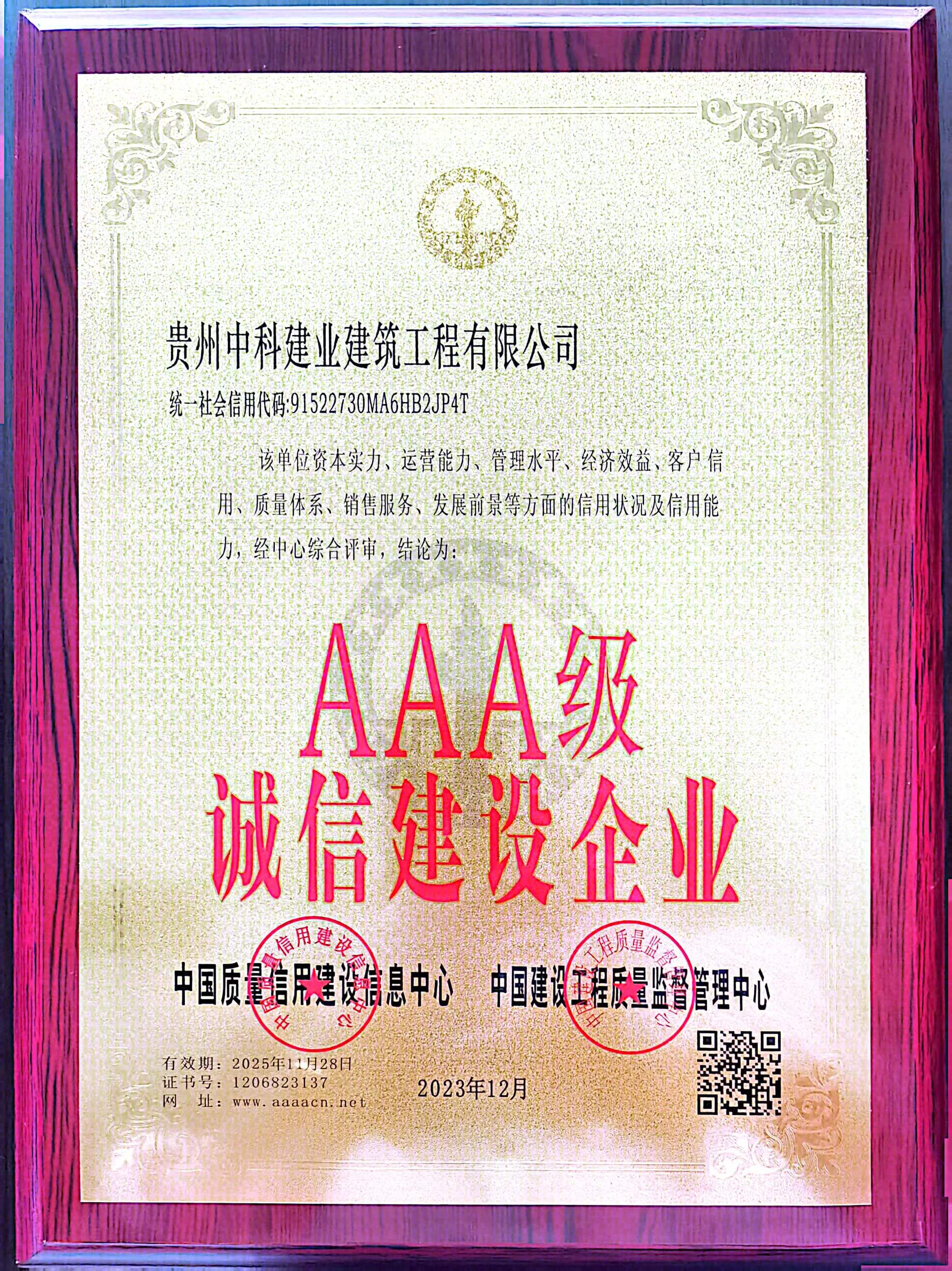 AAA-等级证书（铜牌）